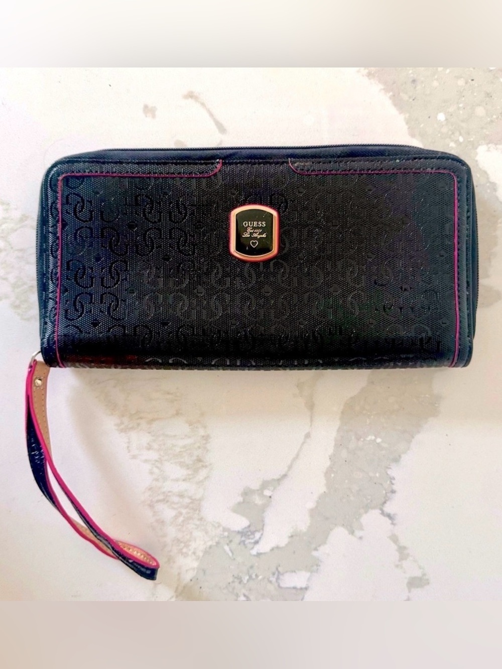 Guess Embossed Monogram Clutch Wallet Black Hot Pink Large